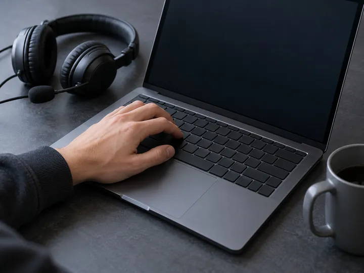 Ordinateur portable avec un casque-micro : aide informatique à distance