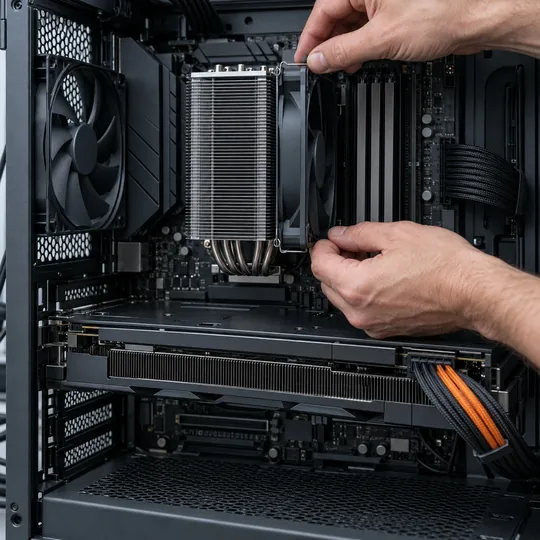 Mains qui fixent un ventilateur de refroidissement sur un processeur