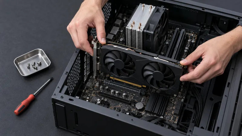 Mains qui montent une carte graphique dans un PC ouvert, avec un tournevis et une boîte de vis à côté