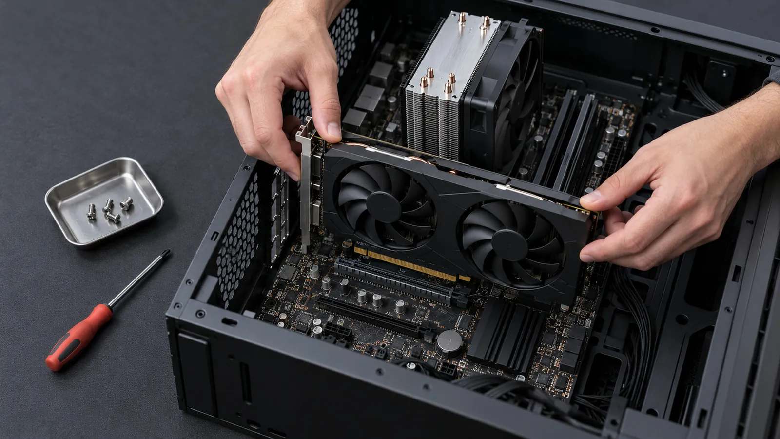 Mains qui installent une carte graphique dans un PC ouvert, avec un tournevis et une boîte de vis à côté