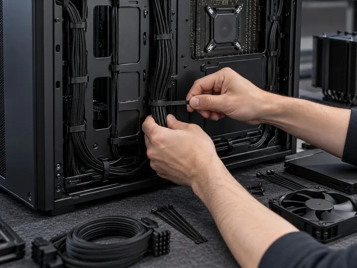 Mains qui rangent les câbles avec un collier dans un boîtier de PC