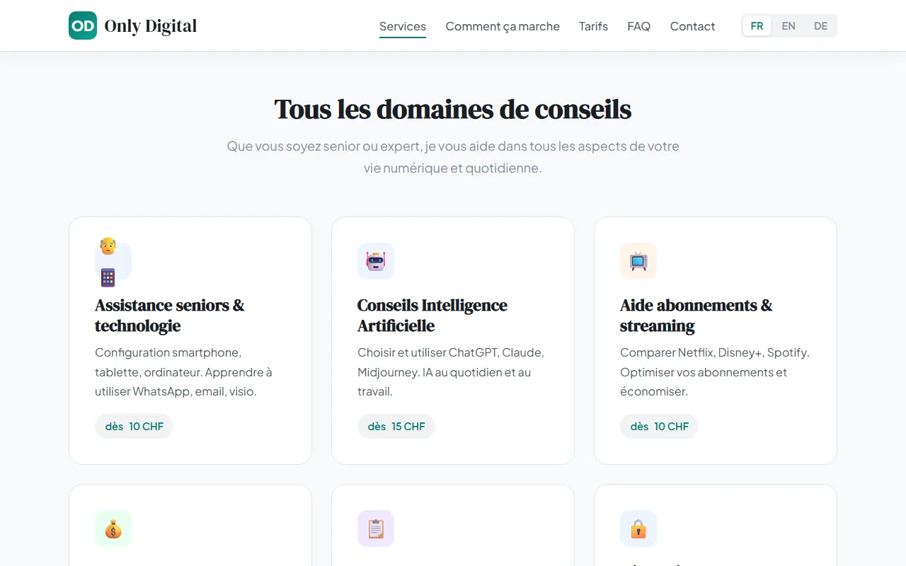 Les domaines de conseils du site Conseil d'Only Digital, avec leurs prix de départ