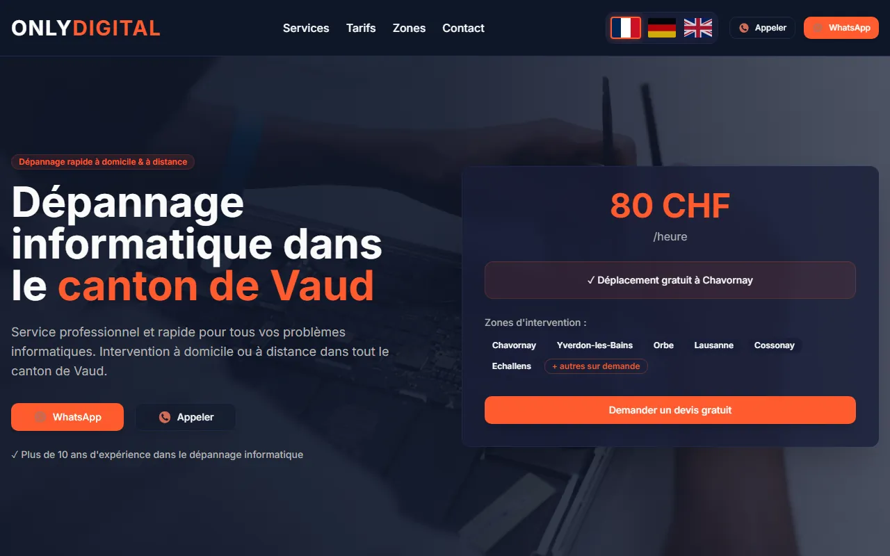 Page d'accueil du site Dépannage informatique d'Only Digital