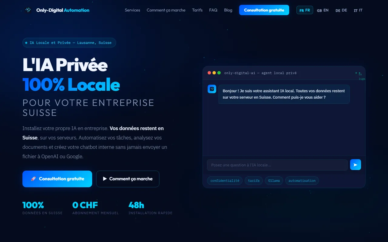 Page d'accueil du site IA et automatisation d'Only Digital